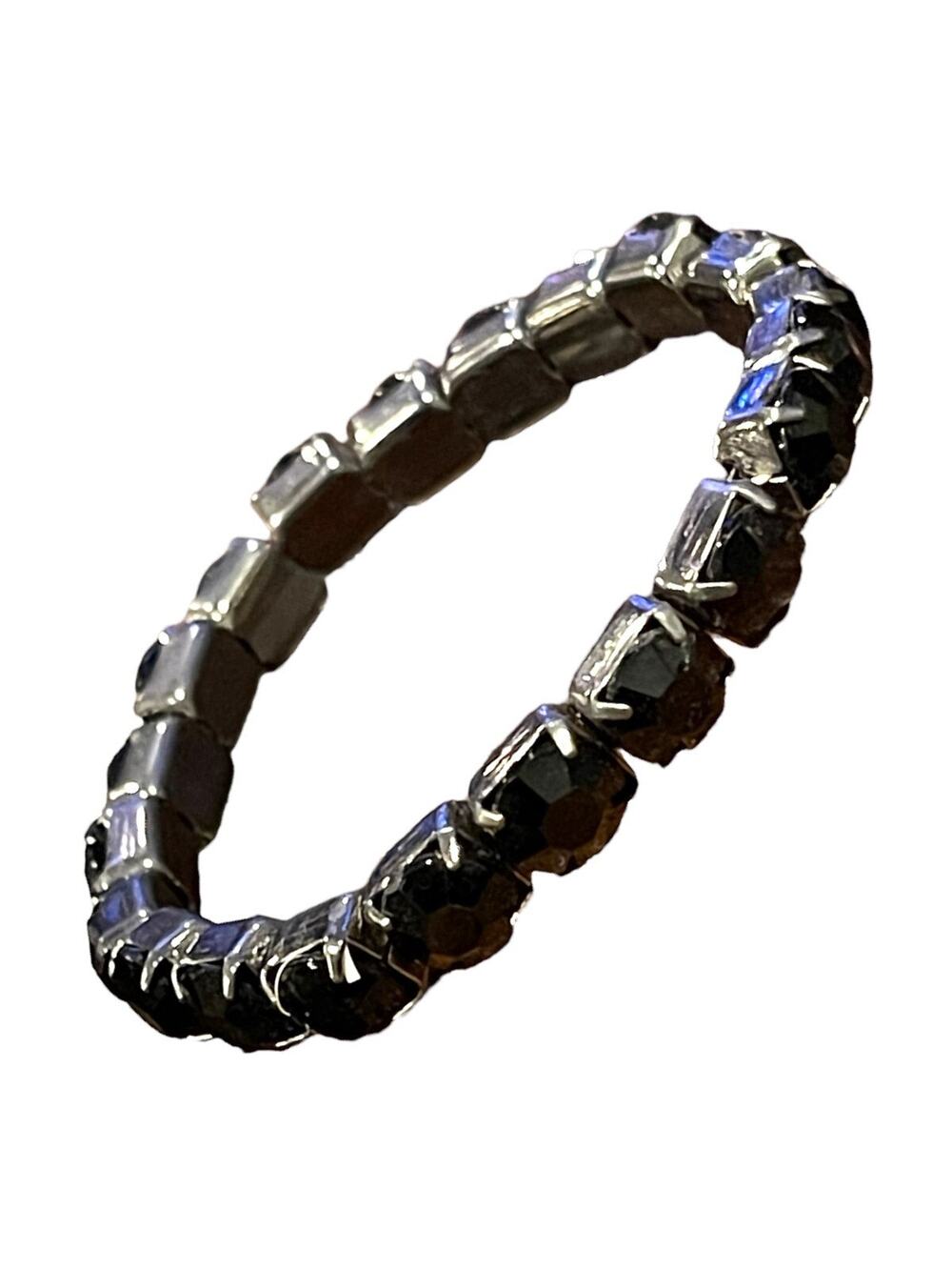 Vintage Black Rhinestones & Silver Tone Stretch Bracelet